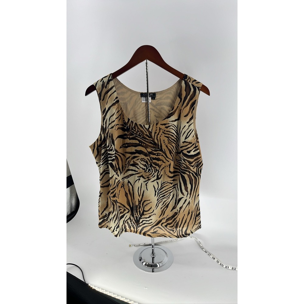 City Girl Vintage Tiger Print Studded Scoop Neck Tank Top Brown Tan Large